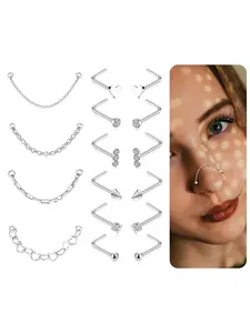 Nose Chain Piercing Across Double Nose Stud Chain CZ Heart Ball L Shaped Nose Chain 3.8CM Nostril Piercing Jewelry for Women Men 20G Silver Gold Tone Body Piercings Set