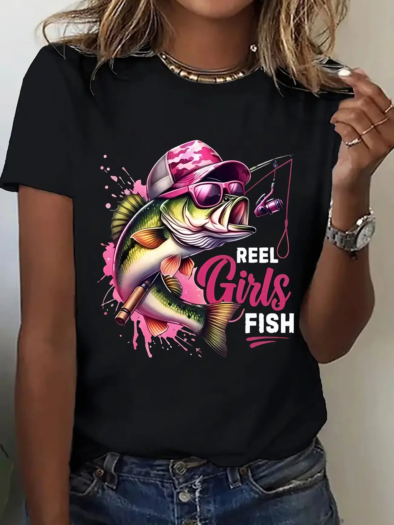 A Women's Summer T-shirt, Available in Multiple Colors—Pink Cool Fishing Fun, Fishing Pattern—elegant Women's Round-neck Casual Sportswear, Comfortable Short Sleeves for All Seasons
