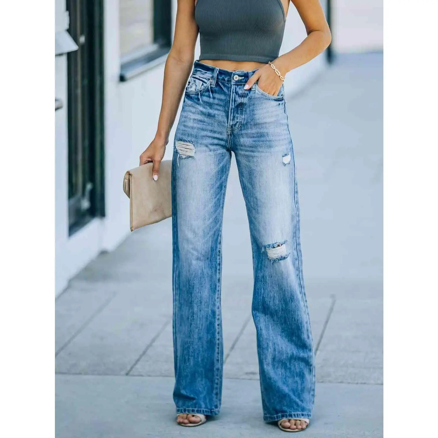 Distressed Straight Leg Jeans