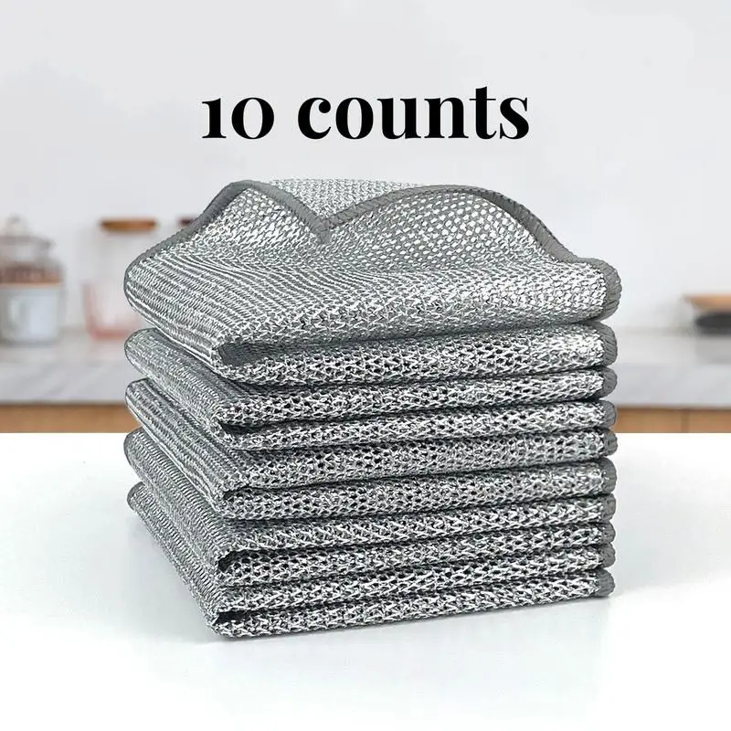 10 Counts Non Scratch Wire Dishcloth Multipurpose Wire Dishwashing Rag for Wet and Dry,Metal Scrubbers for Cleaning Dishes,Dual-Sided Kitchen Cleaning