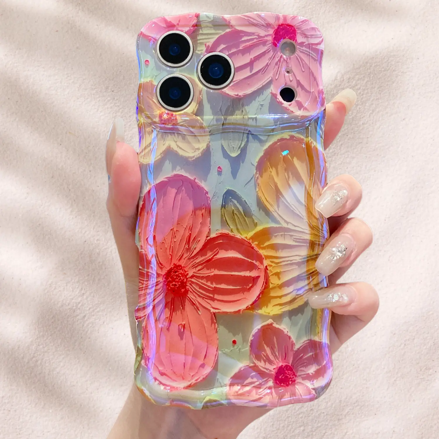 Laser Colorful Retro Oil Painting Flower Pattern for iPhone 17 Pro Max/17 Air 16 15 14 13 Pro Cute Curly Wave Frame Exquisite Phone Case for Girls Wom