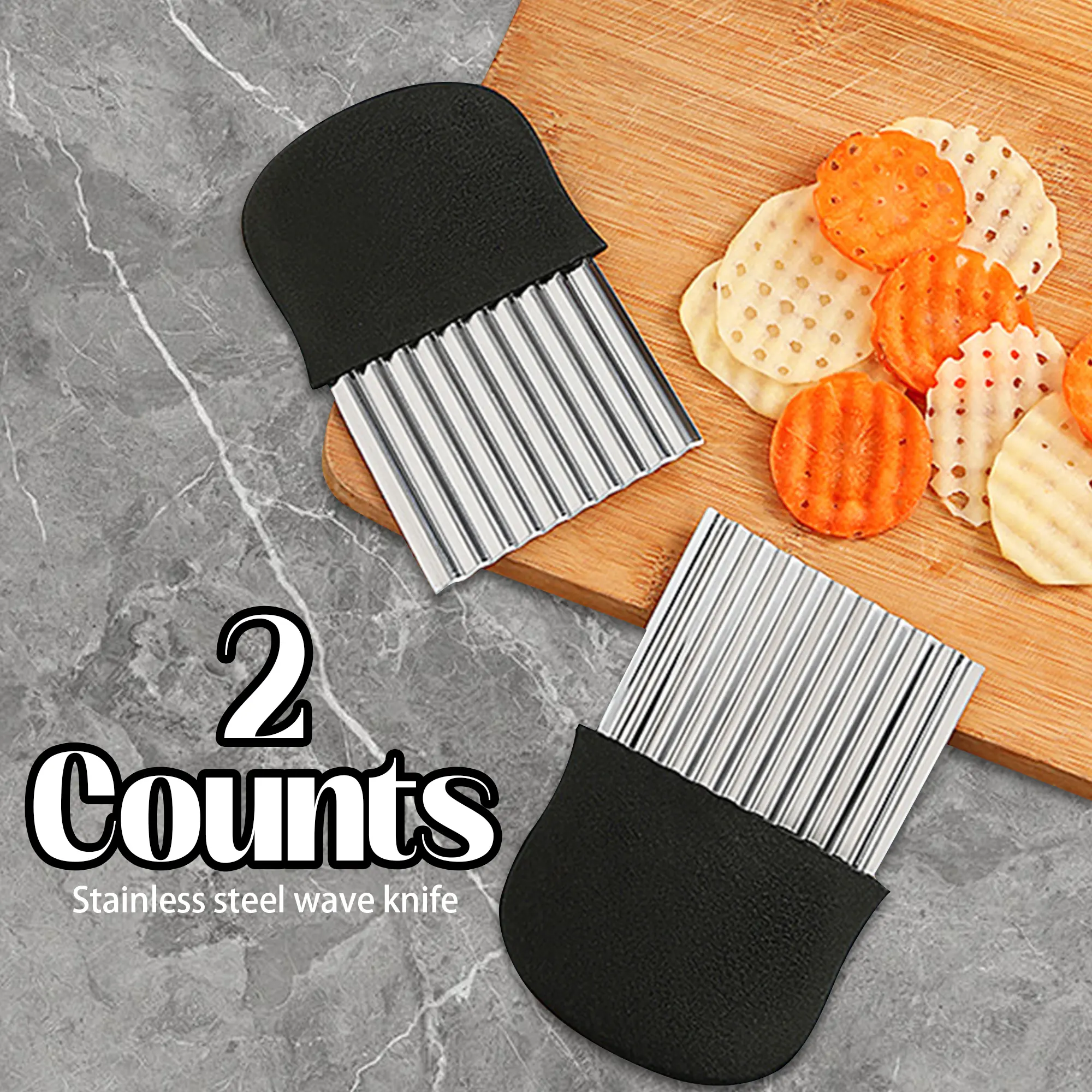 2 Counts Crinkle Cutter, A Multi-Functional Kitchen Tool, Effortless Cutting of Various Fruits and Vegetables with Even Wavy Cuts,  Black