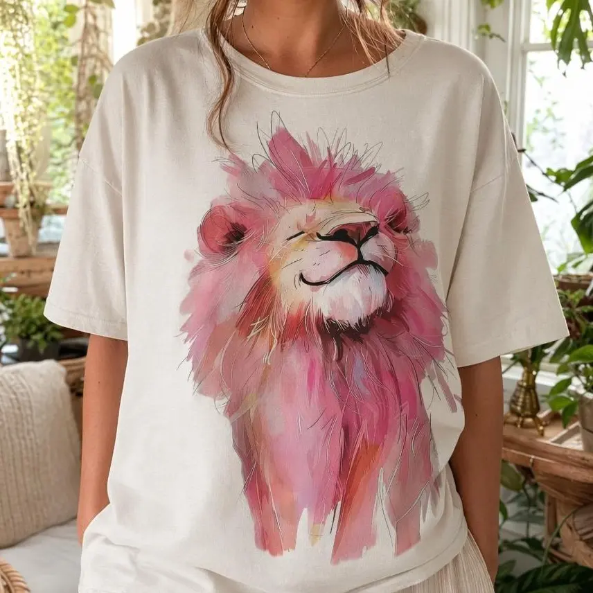 Pink Watercolor Lion Graphic Tee Women Artistic Boho Animal Shirt Plus Size