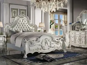 Acme BD01682Q-4PC Dresden Bone White Finish Wood Ornate Queen Bedroom Set with Faux Leather Upholstery & Decorative Carvings
