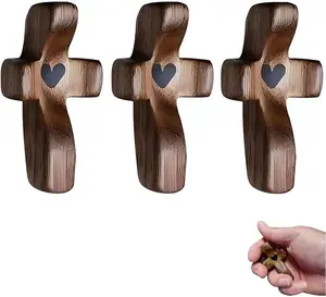 3Pcs Pocket Prayer Crosses for Stress Relief & Anxiety Comfort - Handheld Walnut Wood Christian Gifts for Women Men jesus wooden