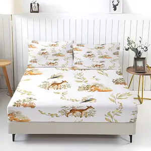 3Pcs Floral Animal Nature Fitted Sheet Three Piece Set (1*Fitted Sheet+2*Pillowcases, Coreless), Spring theme, Squirrel Butterfly Flower Bedding Set, Mattress protector Soft, Breathable