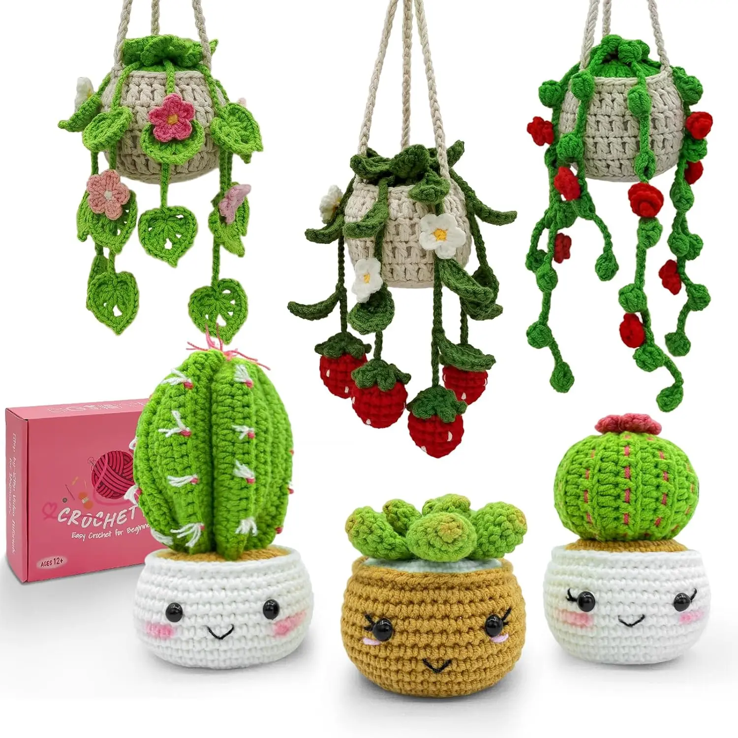Crochet Kit for Beginners with Step-by-Step Video Tutorials,Beginners Starter Crochet Succulent Pot  Kit for Adults Women Knitting Kits Learn to Crochet Set (Pot  Family)