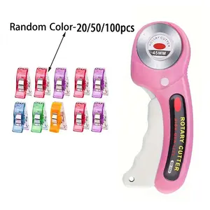 Random Color Sewing Clips with Rotary Cutter, 1 Set Including 20/50/100pcs Colorful Clips & 1 Count Rotary Cutter, Multipurpose Plastic Craft Crocheting Knitting Clips, Sewing Tools