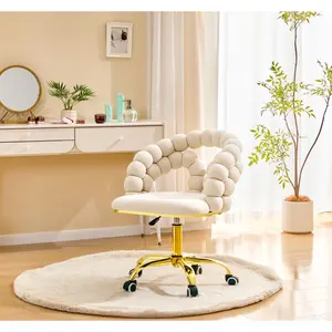 Velvet Vanity Chair with Wheels, Comfy Home Office Desk Chairs Adjustable, Ergonomic Upholstered Swivel Computer Task Chair with Gold Base,Makeup Vanity Chairs for Bedroom, Living Room (Beige)
