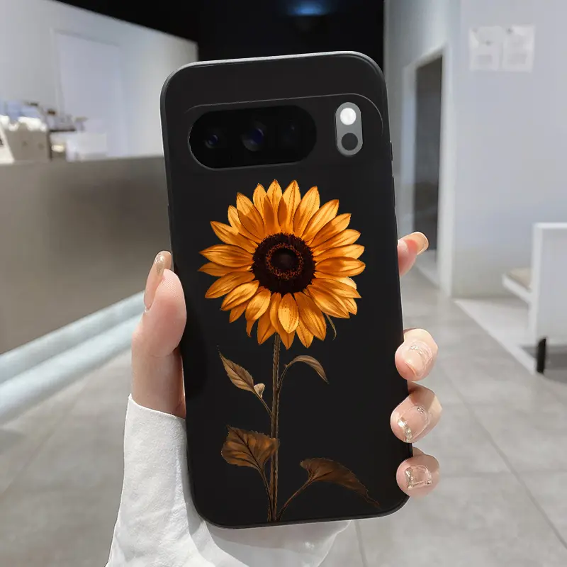 Rounded Edge Phone Case for Google Pixel 10 9 8 7 Pro A XL Sunflower of Sunshine Pattern Shockproof Liquid Silicone TPU Bumper Drop Protection Cover Smartphone Casing