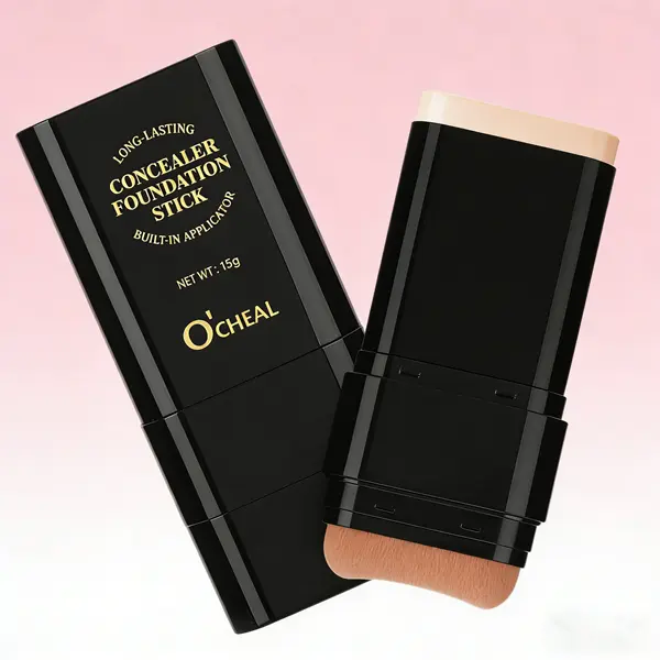 2-in-1 Waterproof Foundation Stick with Brush - Cosmetic Makeup Product, Long-Lasting Full Coverage Concealer for Dark Circles, Blemishes, Acne, Flawless Finish, Suitable for All Skin Tones