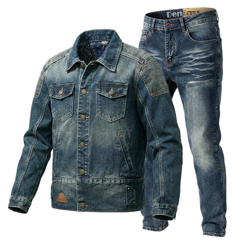 Men's Blue Denim Jacket & Jeans Matching Set, Vintage Streetwear Double Denim Outfit, Casual Regular Fit Mid-Wash Co-Ord, Trendy Spring Daily Wear, Comfortable Durable All-Denim Ensemble for Modern Men's Street Style
