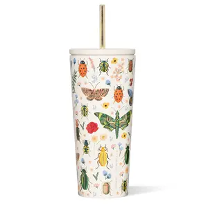 Rifle Paper Co. Cold Cup with creative bug and butterfly design with sparkly gold flakes