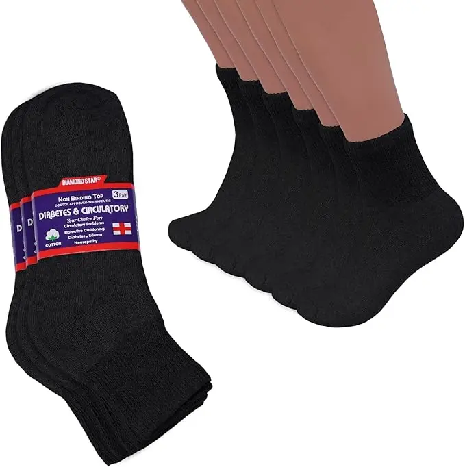 DIAMOND STAR Menswear Diabetic Ankle Socks - Doctor Approved, Non-Binding Circulatory, Cushioned Knit Cotton Quarter Socks with Natural Stretch, Shoe Size 10-13, 12 Pack Black Loose Fit for Men, Women, Polyester, Sport