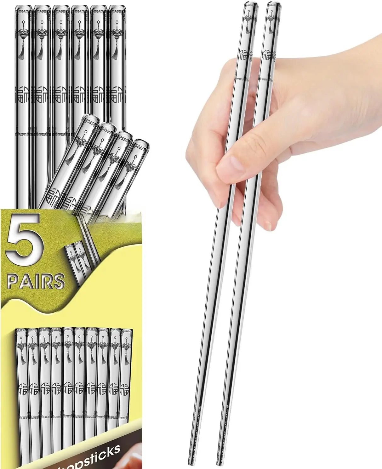 Stainless Steel Chopsticks - 5 Pairs  metal chopsticks Dishwasher Safe,  Chinese korean Chopsticks Set,Non-Slip stainless chop sticks,  metal chop sticks for Beginners and Adults
