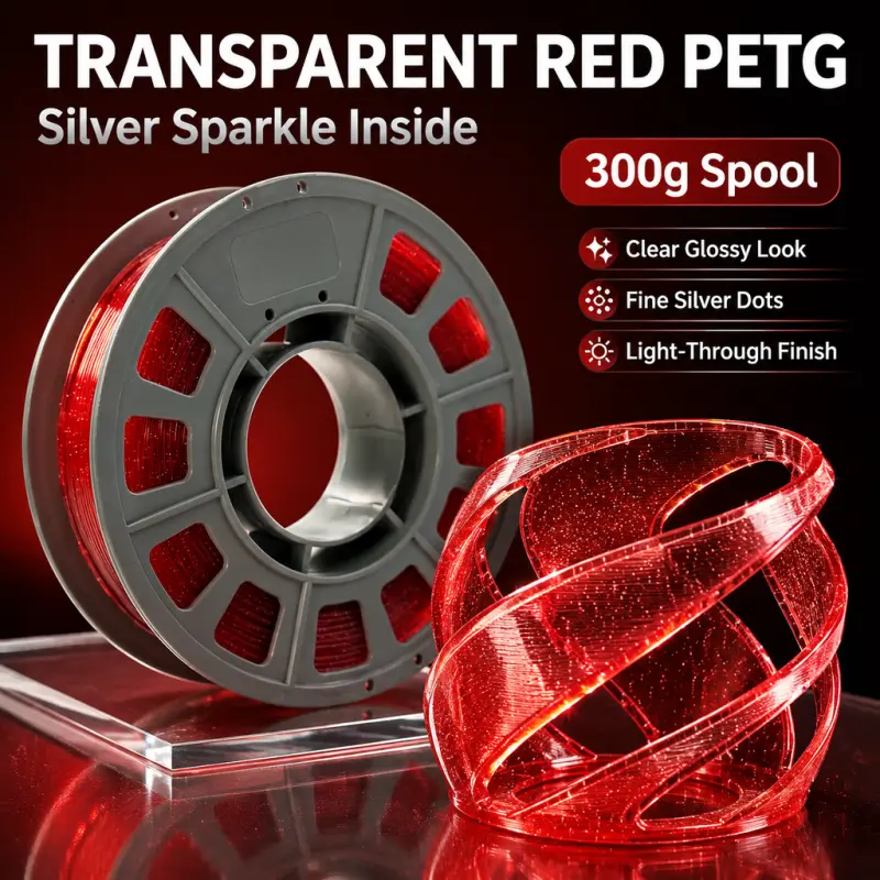 300g (0.66lbs) Transparent Red Silver Speckle PETG Filament 1.75mm, High Dimensional Accuracy, Sparkling Translucent Effect, High Strength, No Clogging, Ideal for Christmas Decorations, Decorative Vases, FDM 3D Printing Creators, Holiday Decor