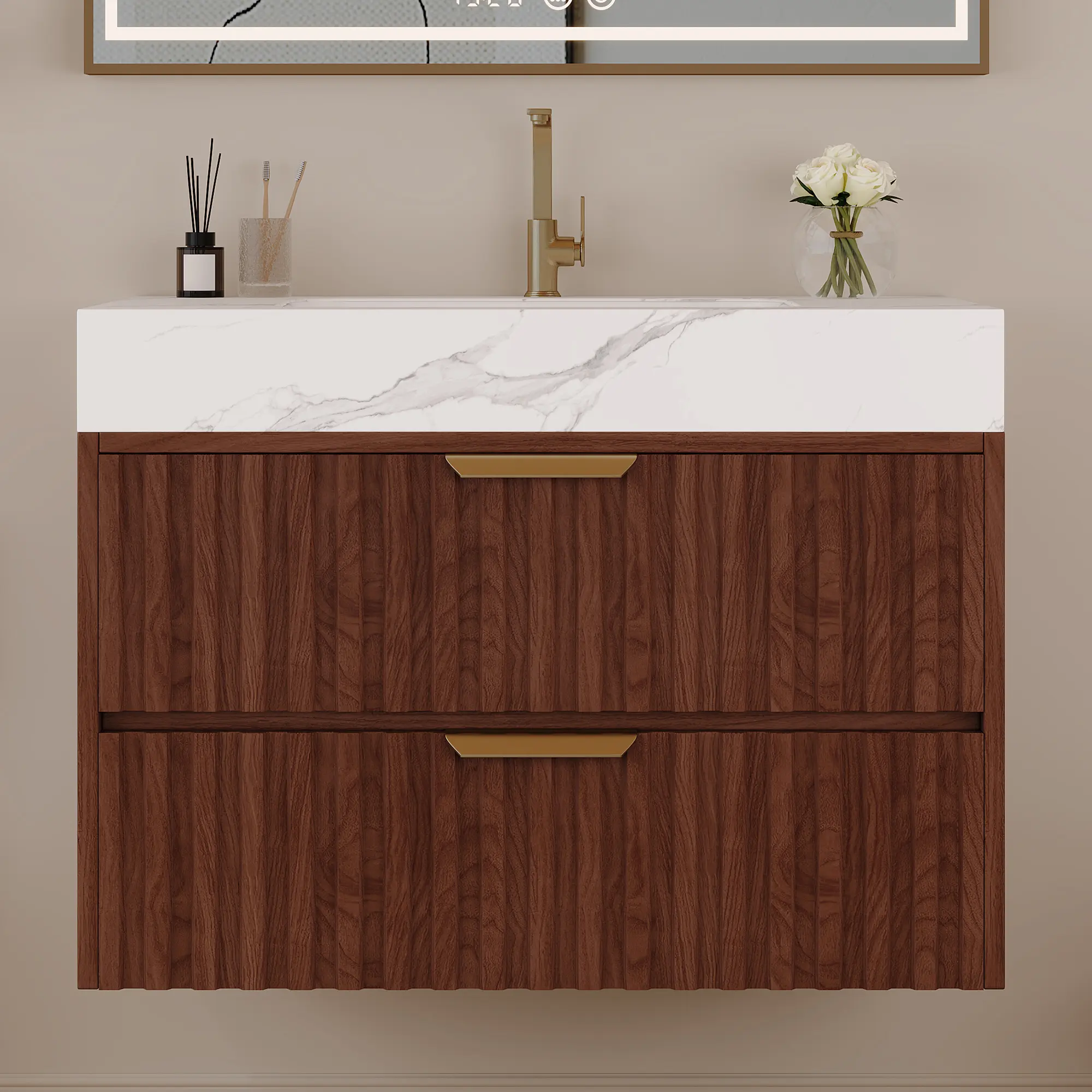 Wall-Mounted 30-Inch Floating Bathroom Vanity with Sintered Stone Top, Integrated Ceramic Basin, and Two Soft-Close Drawers – Modern Design