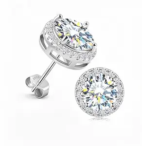S925 Sterling Silver Round CZ Lab-Grown Zircon Set in a Halo, Unisex Minimalist Jewelry for Men and Women, Anti-tarnish Daily Wear Unisex Jewelry, Classic Piercing Gift Surgical Steel Stud Earrings