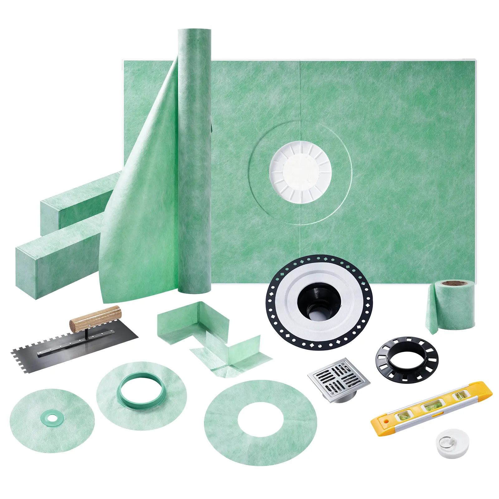 Amerlife Complete Shower Curb Kit - 48*72 inch Center Outlet Drain Pan, Advanced Waterproof Membrane, Curb, Seals, Bonding Flange, Corners, EPS Foam, Trowel, Integrated Leveling Tool, Easy-Assembly Bathroom Fixture Set for Home Improvement, Bathroom Acces
