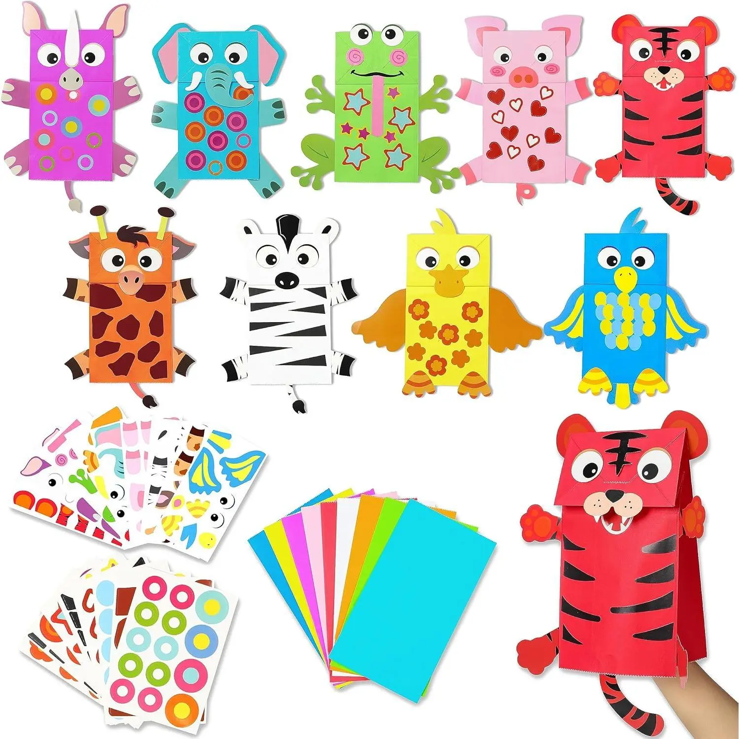 SQ-HDJ010 9-Pack Unisex Animal DIY Paper Sock Puppet Craft Kits - Wiggle Googly Eyes, 3-4 Years Kids’ Educational Arts & Crafts Supplies for Baby Shower, Kid Costume Party, Children Development