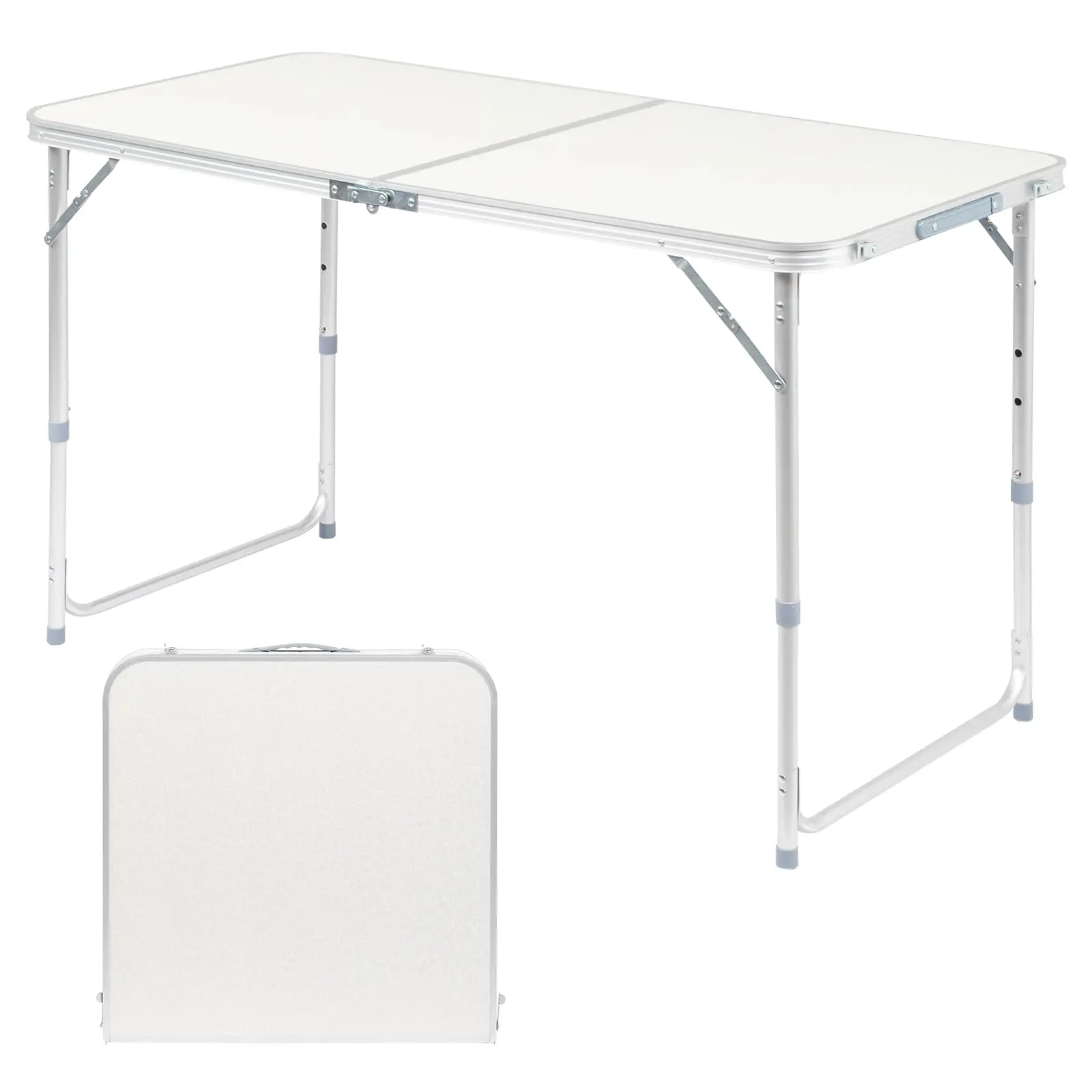 4ft Portable Folding Camping Table, Durable Aluminum & Wood Suitcase Desk with Adjustable Height, Multipurpose 120x60cm for Outdoor Cooking, Picnics & BBQ, Picnic Bbq, Foldable Legs, Four Chair Space