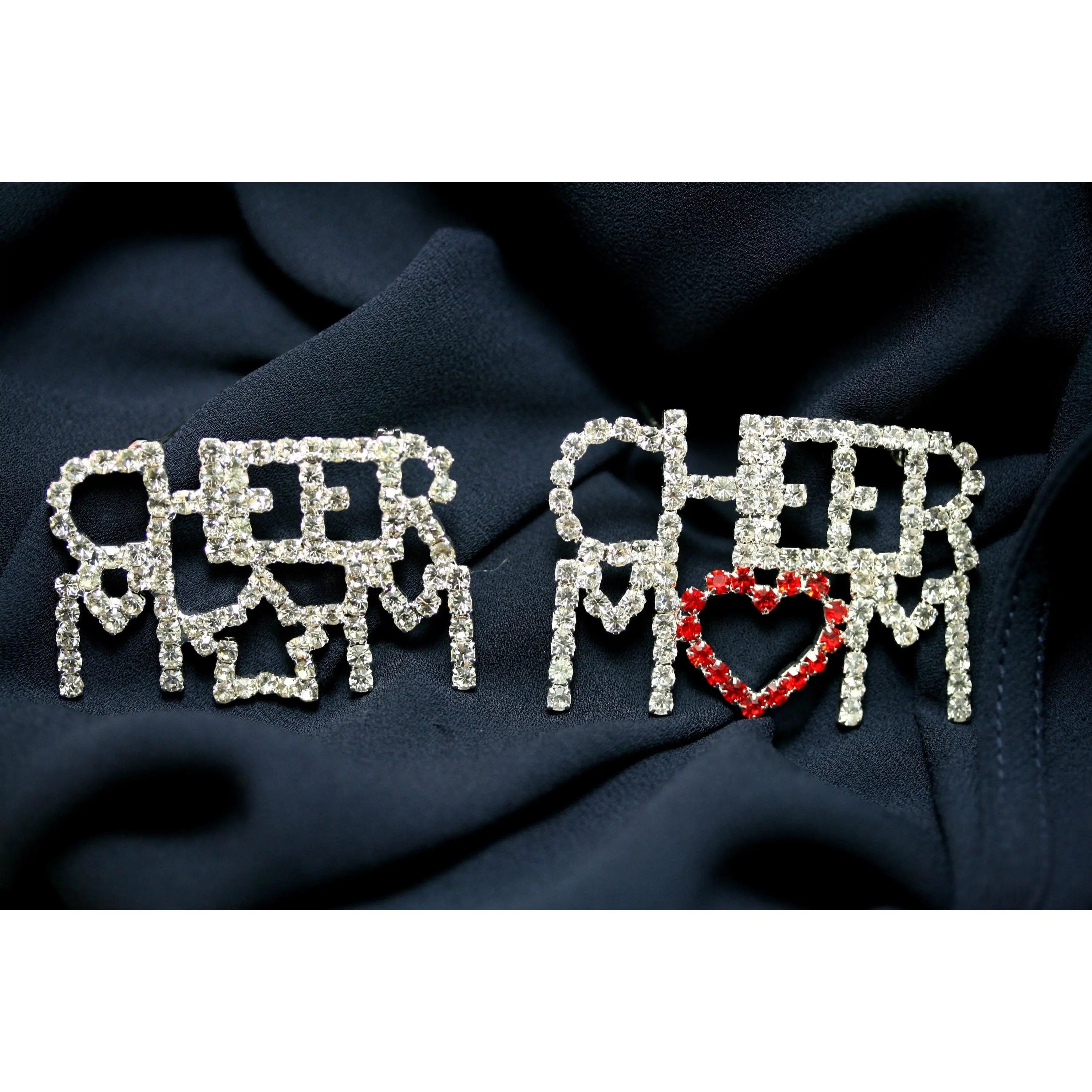 Rhinestone Cheer Mom Pin Brooch, Costume Jewelry Openwork Red & Clear Crystals Words