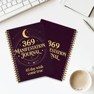 369 Manifestation Diary, a must-have journal for spiritual growth, with a purple and gold star moon cover design. It includes 3/6/9 daily affirmations exercises and gratitude recording pages, a 45-day plan for wish fulfillment, spiral binding for portabil