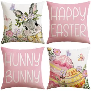 4-Piece Easter Bunny Floral Pillow Cover Set 16x16 18x18 20x20 Inches, Spring Summer Decorative Pillow Covers for Home Sofa