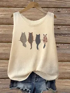 Women's Animal Cat Print Round Neck Sweater Vest, Casual Sleeveless Crew Neck Knit Top for Summer, Fashion Women's Knitwear for Daily Wear