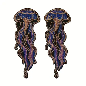 2 Pcs Jellyfish Iron-On Patch, Vivid Navy-Gold-Black Ocean-Themed Embroidery, Heat-Press or Sew-On Application, Suitable for Jackets, Denim, Embroidered Craft Gifts for Adults