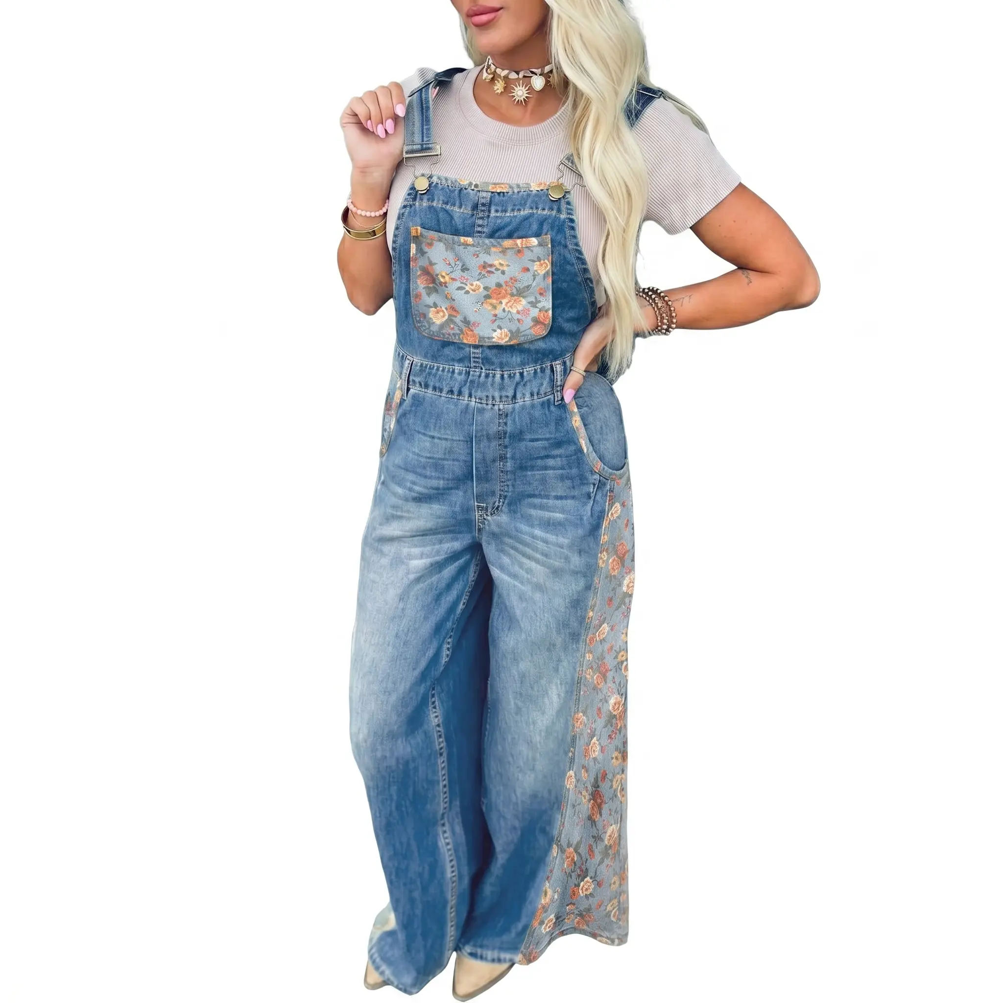 Women's Denim Overalls Wide Leg Baggy Bib Jumpsuit Boho Vintage Floral Patchwork Casual Romper Pants with Pockets