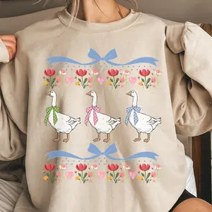 [SALE UP TO 50% + FREE SHIP] Vintage Goose Sweatshirt, Goose Bow Shirt, Cute Ribbon Easter Sweater, Retro Spring Crewneck, Mothers Day Sweatshirt, Goose Lover Gift