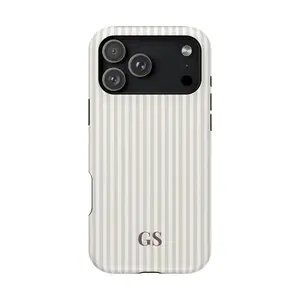 Personalized Beige Striped Smartphone Cover - Custom Monogram, Luminous Tech, Vintage Luxury, Festive Bow, Shockproof Anti-Drop, Durable, Wireless Charging Compatible, Preppy Coastal Handheld Device Accessory for iPhone 17/16/15/14/13/12/11