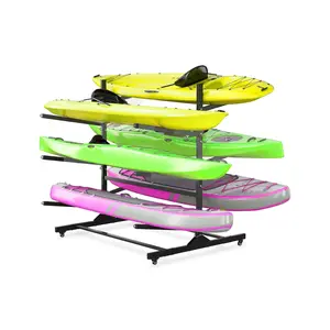 3-Tier Kayak Storage Rack for 2-6 Kayaks Freestanding Kayak Rack with Movable Wheels, Heavy-Duty Steel Kayak Hanger Holder with Hanging Straps