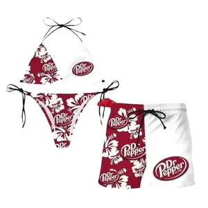 Dr Pepper Floral Bikini & Trunk Set for Summer Vacation, Matching Couples Swimsuit Set, Honeymoon, Beach Party, Trendy Summer Vacation Outfit