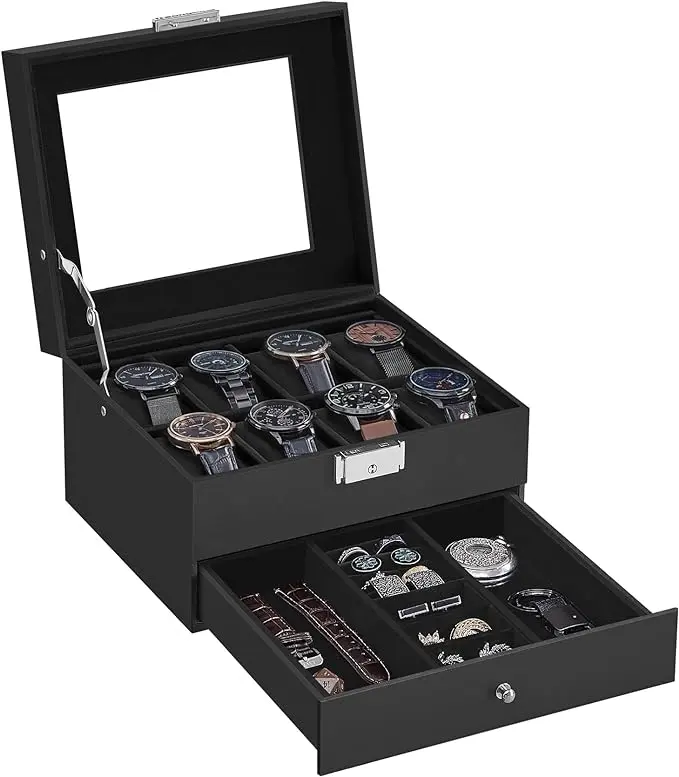 SONGMICS HOME 2-Layer Watch Jewelry Box - Lockable Watchbox with Glass Lid, Drawer for Rings, Bracelets, Home Organizer Gift Idea