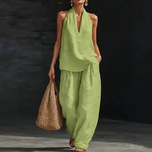 Boho Linen Two Piece Set for Women, Halter Neck Sleeveless Top & Wide Leg Pants Matching Outfit, Lightweight Breathable Casual Summer Set, Flowy Soft Linen Blend for Beach, Vacation, Brunch & Daily Street Style, Trendy Boho Fashion OOTD for Ladies