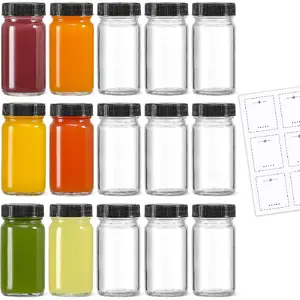 15 Pack 2 oz Glass Shot Mini Bottles w/Black Lids & 15 Labels - Small Clear Jar for Ginger, Wellness Shot, Juice, Sample, Whiskey - Travel Essentials - Wide Mouth, Leakproof, Dishwasher Safe
