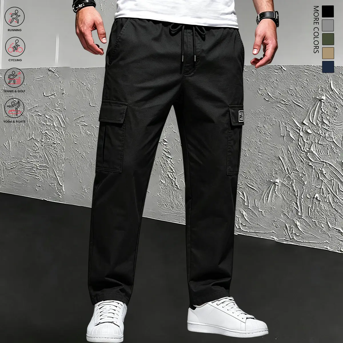 Men's Lightweight Regular-Fit Polyester Cargo Pants with Drawstring Waist, Flap Pockets, Athletic Cut, Casual Outdoor Menswear