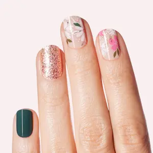 DASHING DIVA Magnolia Vine Nail Polish Strips - Deep Green with Gold Glitter & Magnolia Accents
