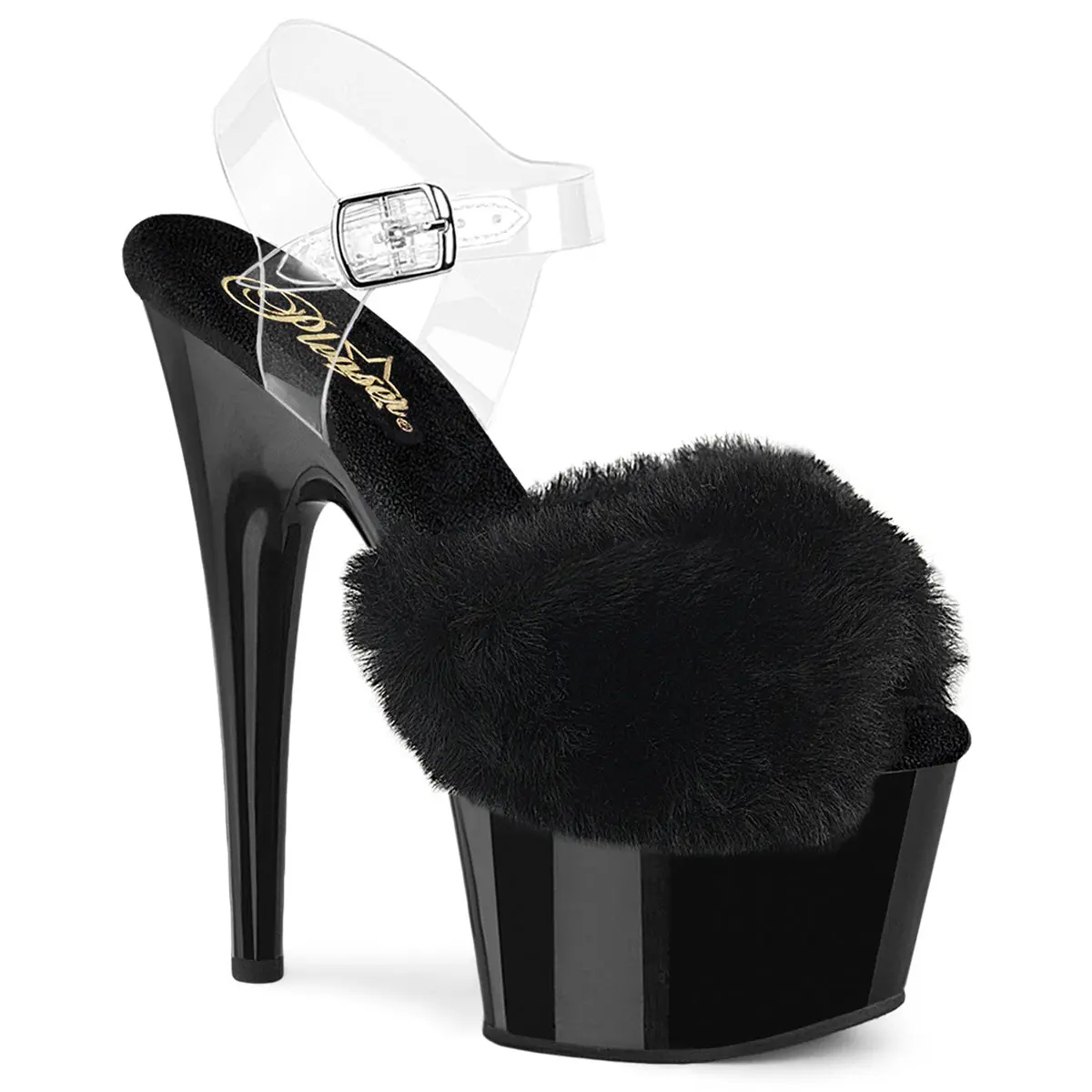 Women's Stylish Black Faux Fur-Clear Platform High Heel Sandals - Elegant, Soft TPU Fluffy Footwear (Adore-708FUR)