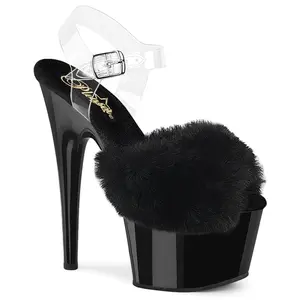 Women's Fashion Fluffy Black Faux Fur-Clear Platform High Heel Soft Sandals, Stylish Women's Footwear (Adore-708FUR)