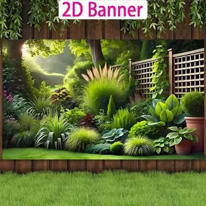2dflat1 Forest Style Garden Banner, Sunlit Lawn, Ornamental Grass, Wooden Fence Elements, Outdoor Party, Garden Theme, Natural Photo Background
