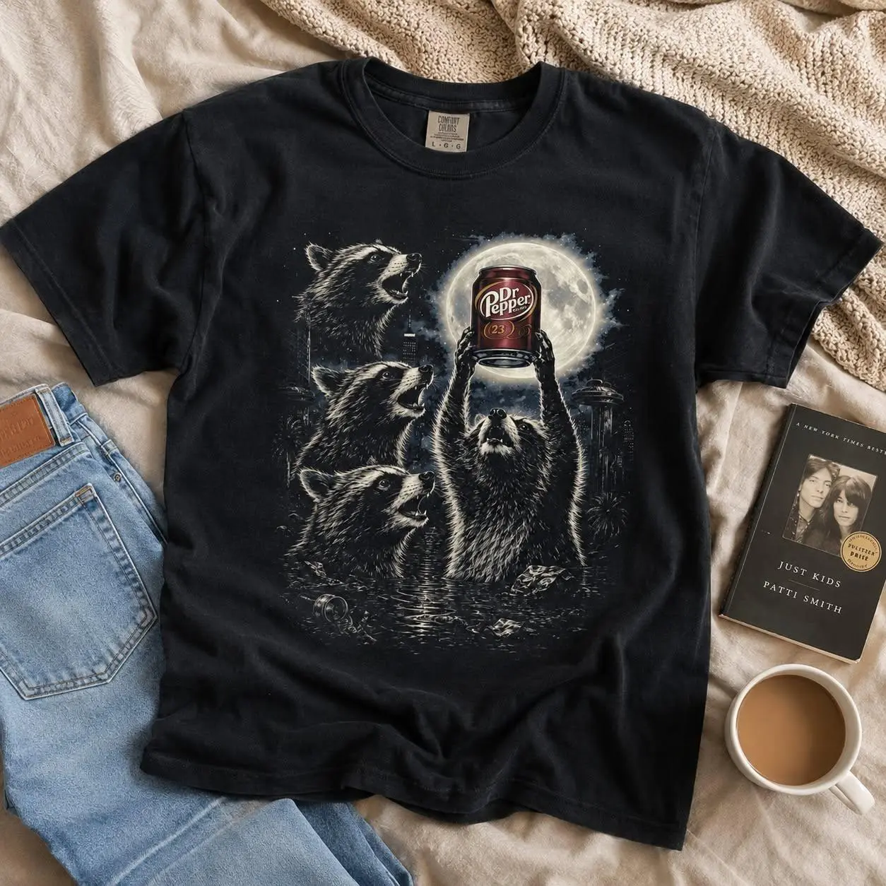 Funny Raccoon Dr Pepper Graphic Tee, Vintage Animal Moon T-Shirt - scs18584
