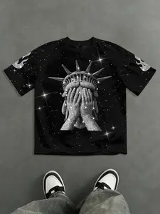 Men's Loose Fit Fashion Print T-Shirt, Round Neck, Sequin Craftsmanship, Diamond Effect Liberty Goddess Pattern, Casual Daily Wear, Unisex