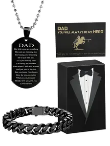 To My Superhero Dad — Father's Day Gift Set: Personalized Necklace/Keychain/Bracelet, Engraved Black Tag, Heartfelt Gift from Son/Daughter, Ideal for Father's Day, Birthday, Anniversary