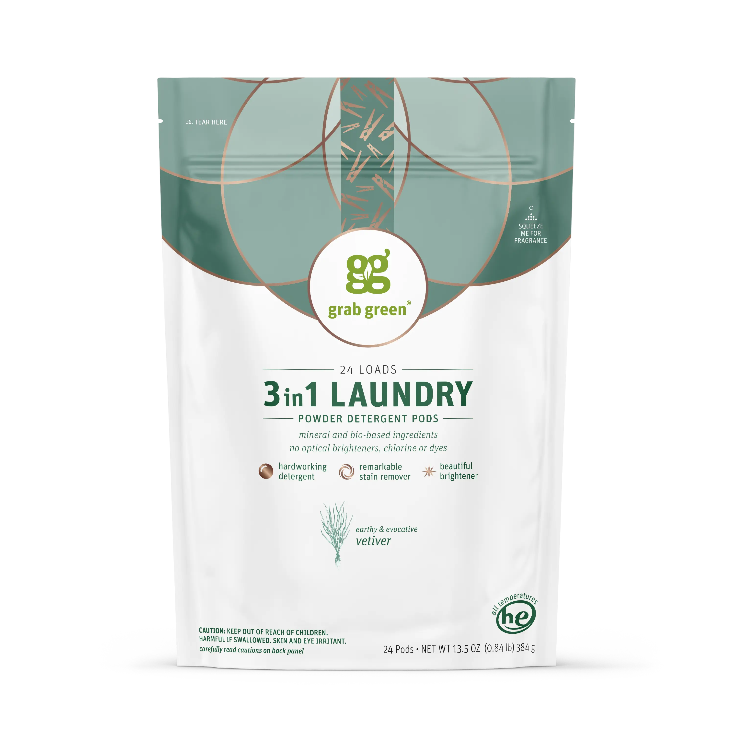 grab green 3 in 1 Laundry Detergent Pods, Vetiver - Concentrated Detergent, Stain Remover, Brightener, Phosphate-Free, Phthalate-Free, Dye-Free