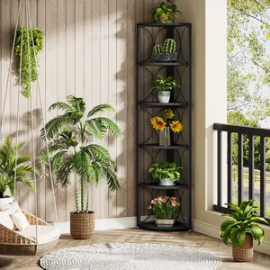 Tribesigns 67 inch Tall Corner Shelf, 6 Tier Rustic Corner Bookshelf Bookcase Storage Rack Standing Shelving Unit for Living Room, Small Space, Black Decor