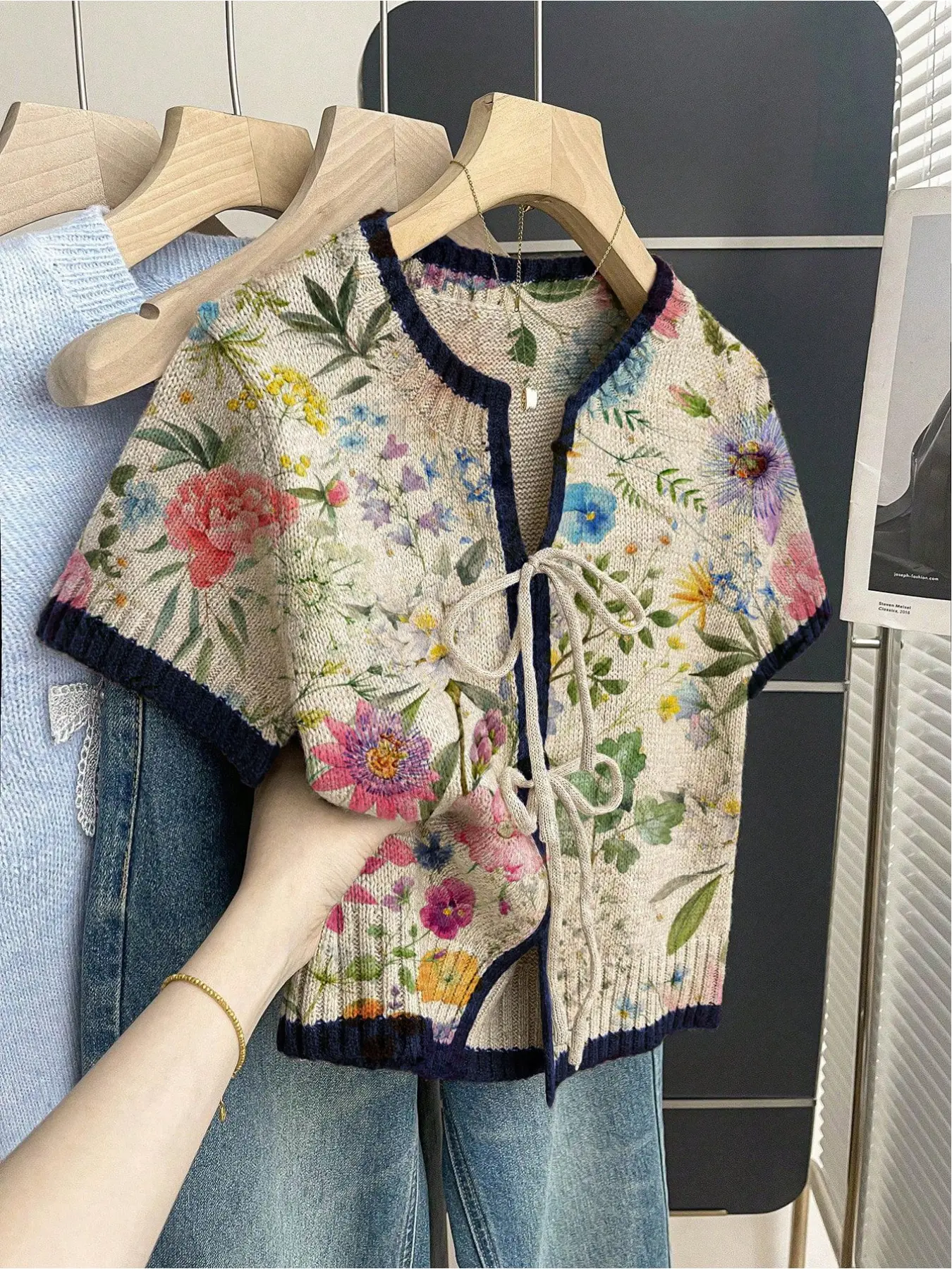 Women's khaki bohemian Chic Elegant vacation short-sleeve knit top. Loose round neck, contrast floral print, front tie and contrast piping. Comfortable for spring & summer casual wear.
