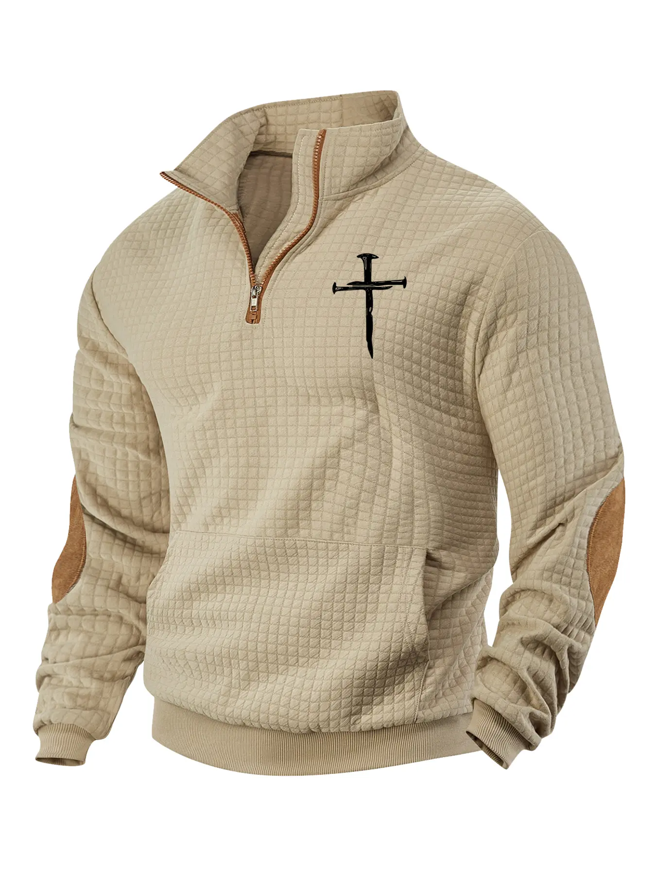 Men's cross-print waffle weave hoodie, long-sleeve stand-up collar pullover, Quarter Zip Pullover, Jesus cross print, winter hoodie, daily holiday wear, street style casual outfit, suitable for spring, autumn and winter seasons